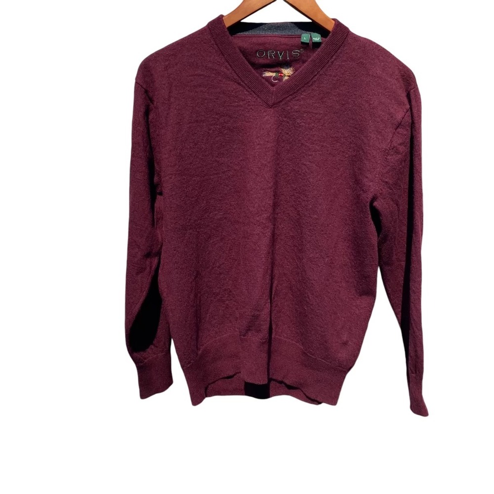 Orvis V-Neck Sweater Mens L Burgundy Merino Wool Pullover Classic Knit 298410